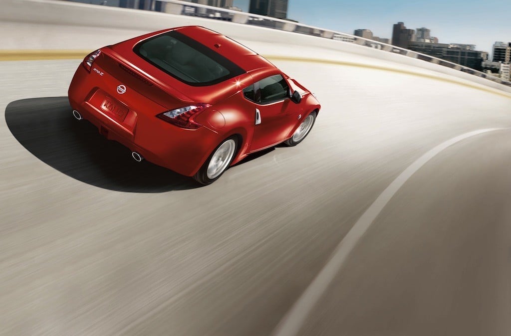 Rear view of red Nissan 370Z