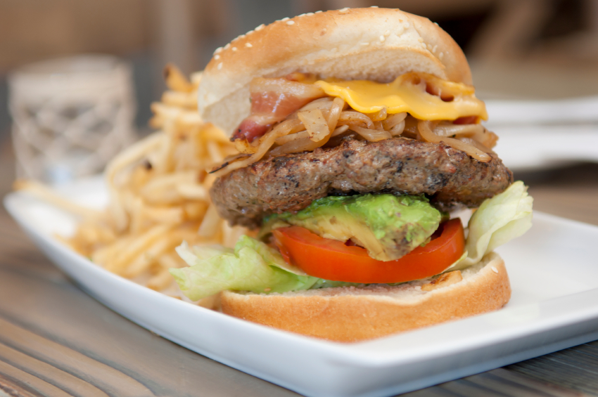 bacon cheeseburger, avocado, lettuce, tomato