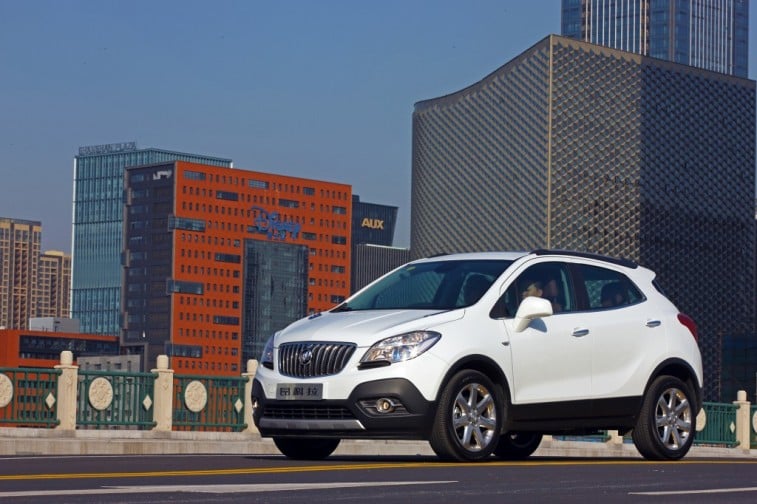 Side view of white Buick Encore, 2016 model year