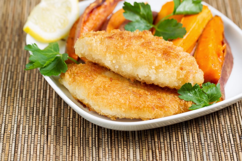 breaded fish with sweet potates