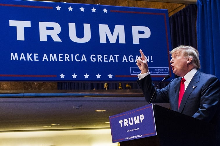 NEW YORK, NY - JUNE 16: Business mogul Donald Trump points as he gives a speech as he announces his candidacy for the U.S. presidency at Trump Tower on June 16, 2015 in New York City. Trump is the 12th Republican who has announced running for the White House. (Photo by Christopher Gregory/Getty Images)