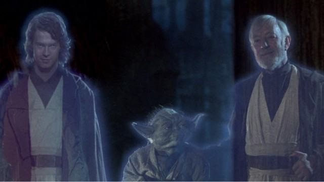 Hayden Christensen, Yoda, and Alec Guinness in Return of the Jedi