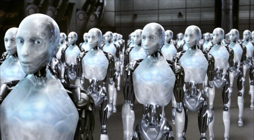 A line of robots in a large room A line of robots in a large room
