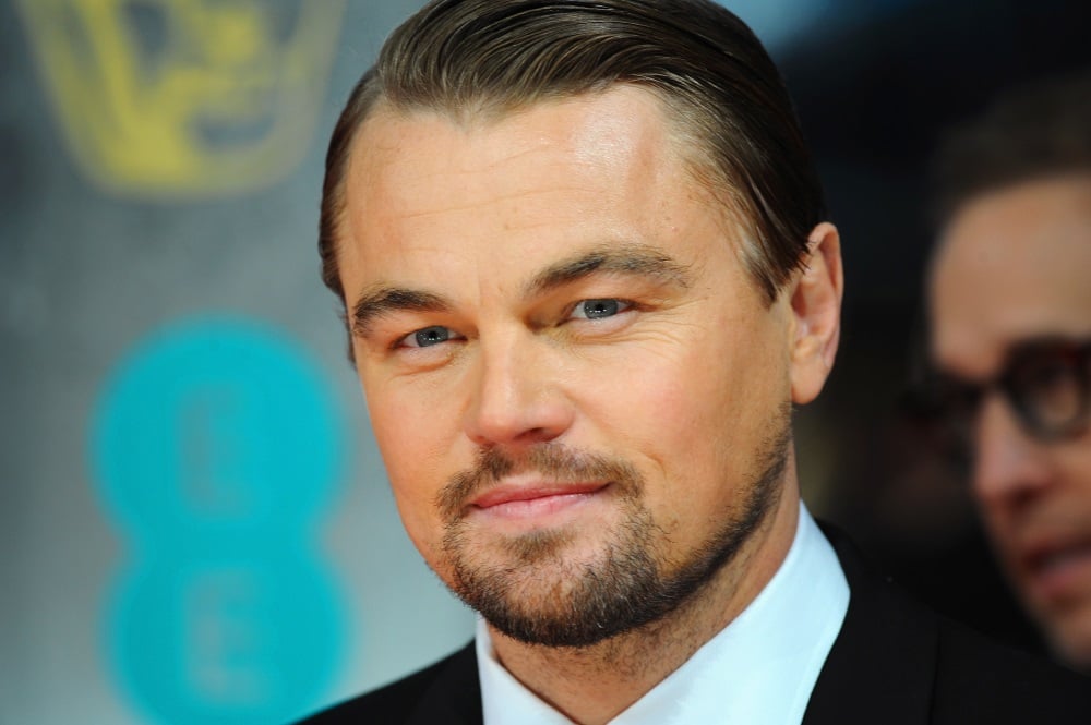 Leonardo DiCaprio poses for the paparazzi in a black suit.