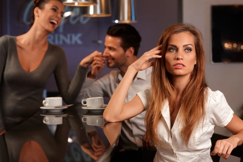 Portrait of unhappy confused woman, couple, flirting