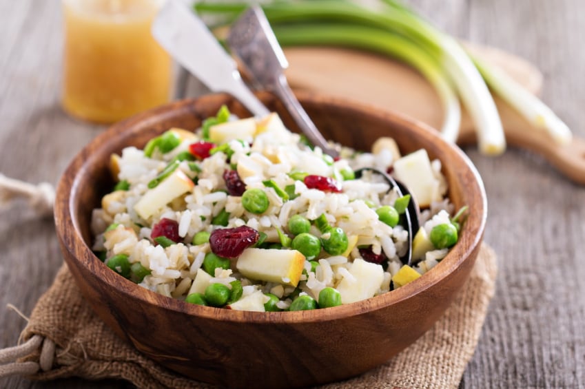 rice salad, apples, peas