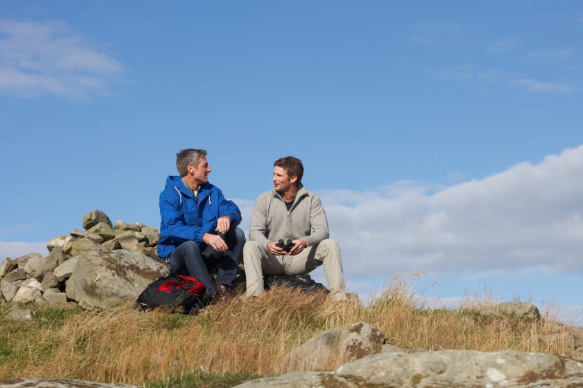 Two Men Stopping For Rest On Walk, friends
