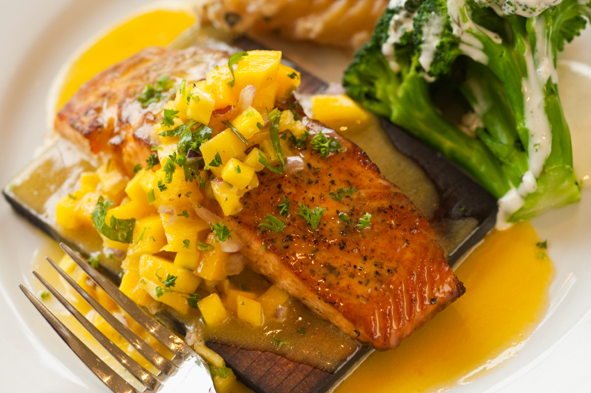 salmon, mango salsa