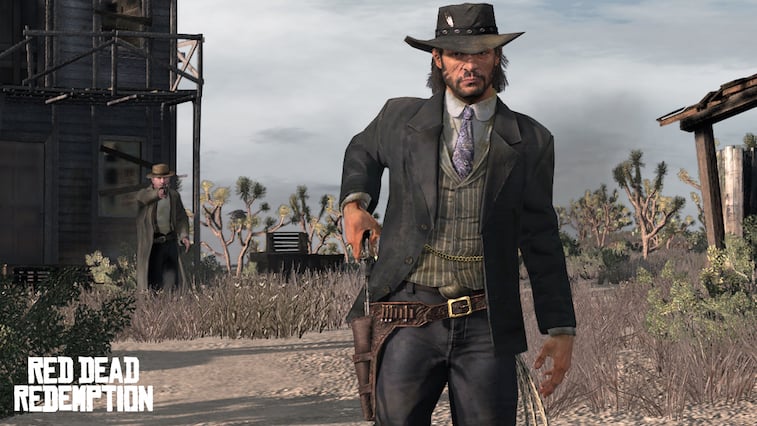 John Marston pulls a six-shooter from his hip holster in Red Dead Redemption.