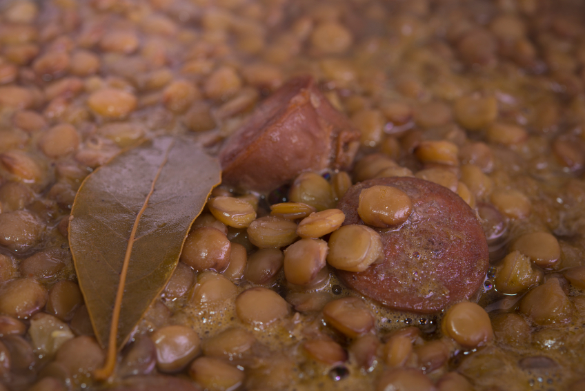 lentils, sausage, bay leaf