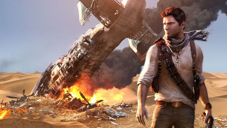 Nathan Drake in front of a plane crash in 'Uncharted 3'