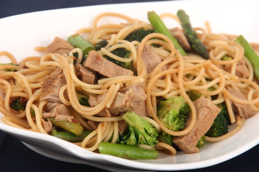 pork, broccoli, asparagus, noodles, soy