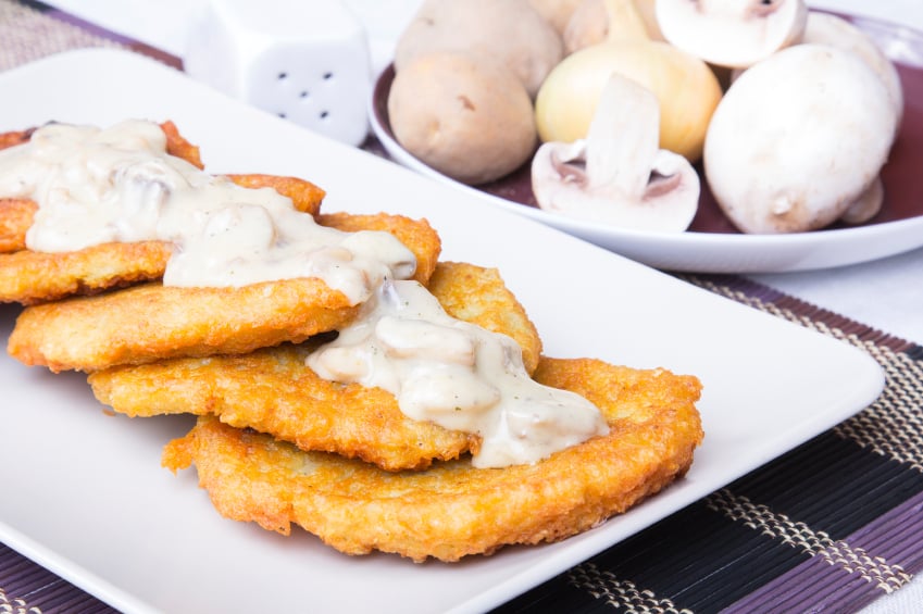 potato pancakes, mushroom sauce, gravy