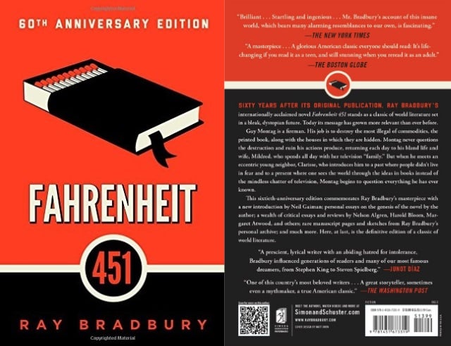 Cover art for Fahrenheit 451, with a box of matches doubling as a book