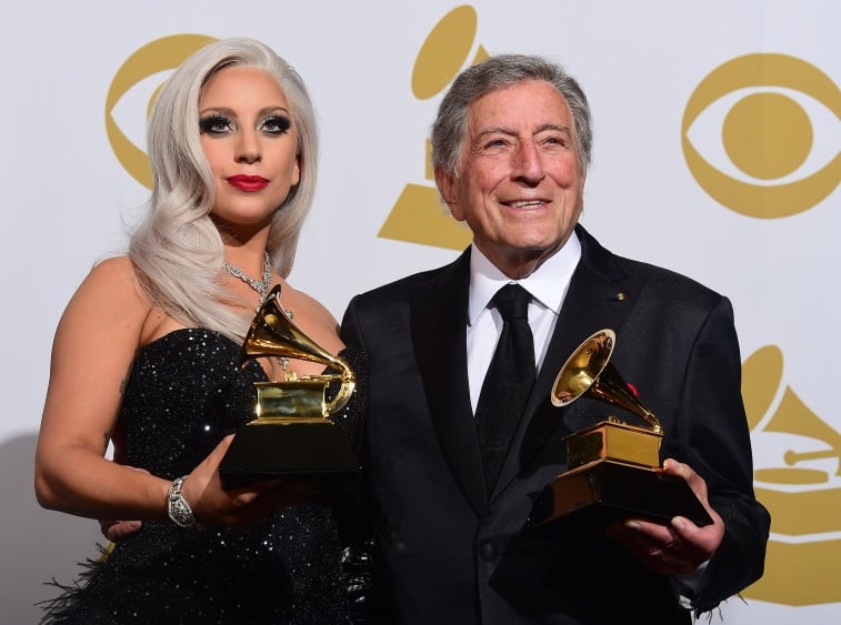 Lady Gaga and Tony Bennett on the red carpet at the grammys.