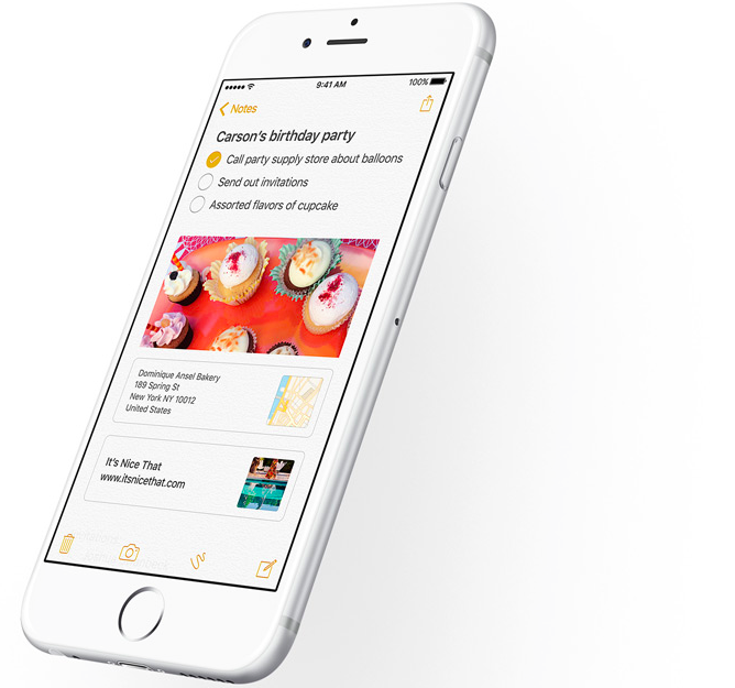 Notes app on iOS 9