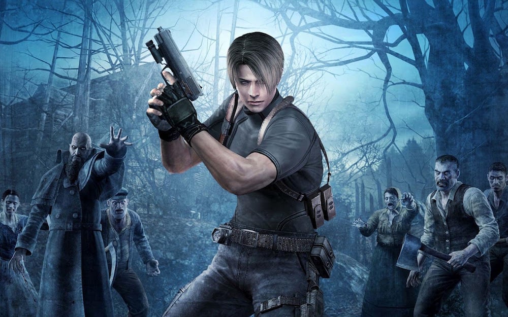 Leon from Resident Evil 4 holding a handgun, surrounded by zombies.