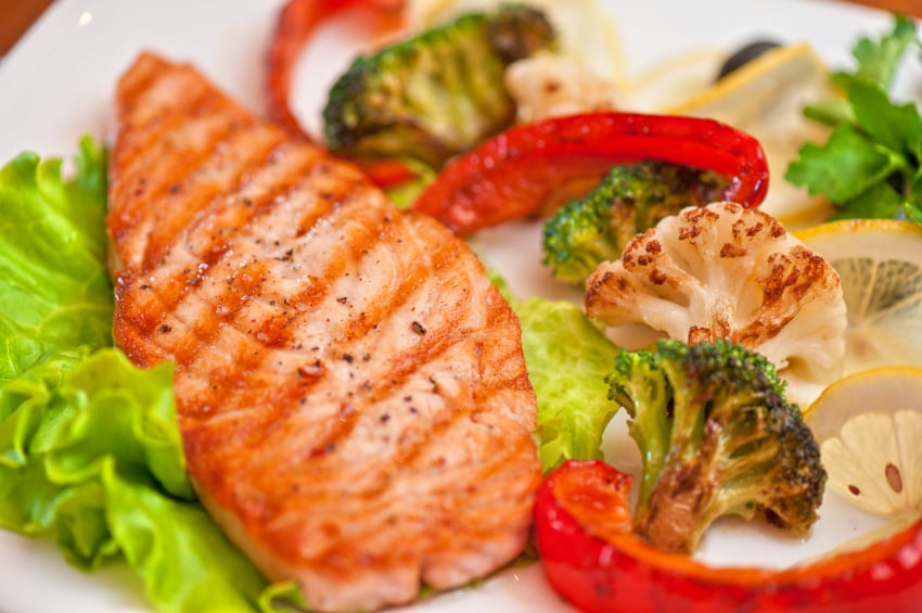 salmon, roasted broccoli and cauliflower