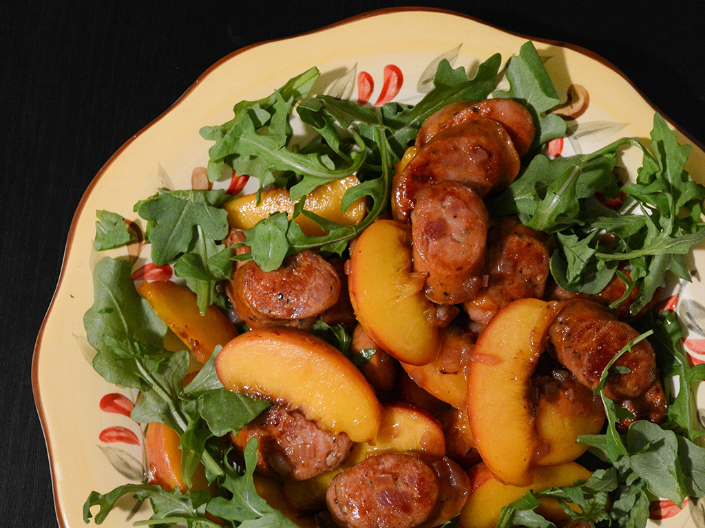 bourbon-glazed sausages and peaches