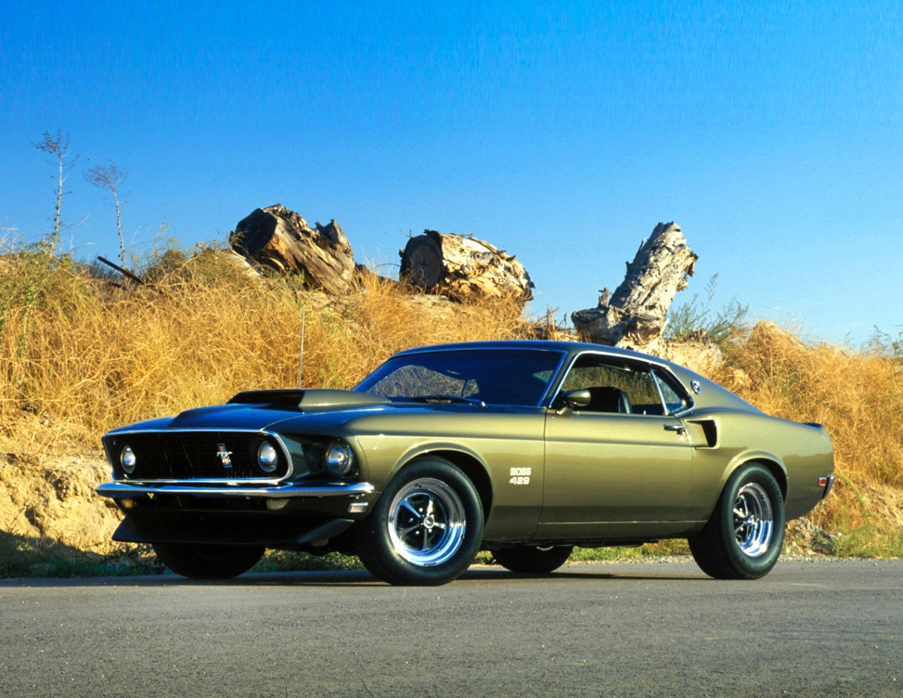 An olive green Ford Mustang Boss 429