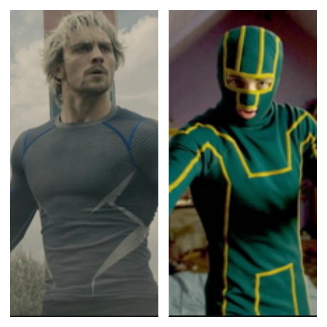 This is a side by side of Aaron Tyler-Johnson as Quicksilver and his character in Kickass in a green costume.
