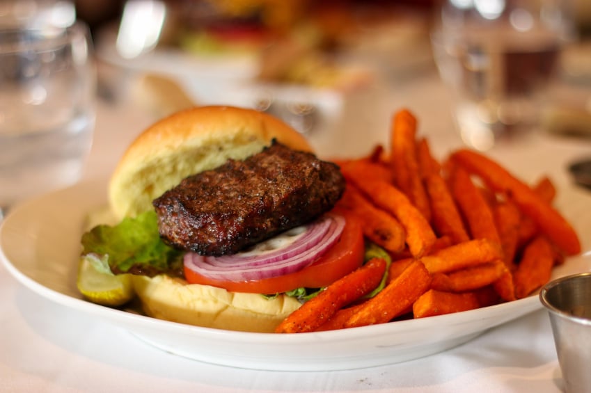 burger, sweet potato fries