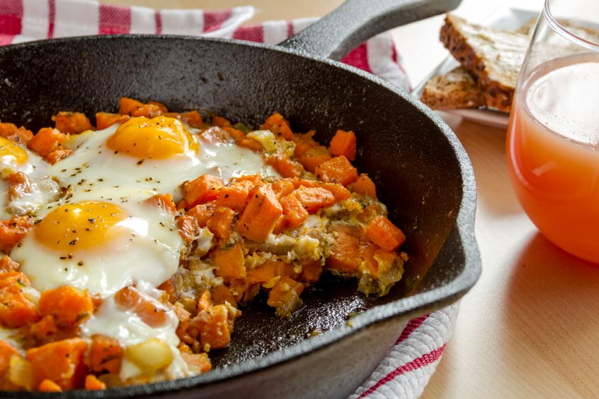 sweet potato hash, eggs