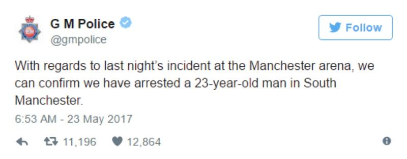 This is a screen shot of the Greater Manchester Police's tweet that they have arrested someone.