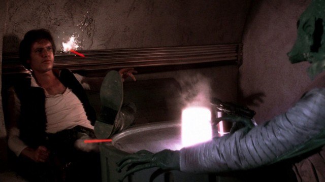 Harrison Ford and Greedo in Star Wars: A New Hope