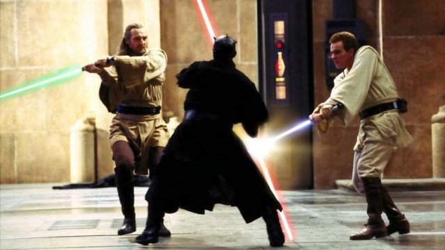Darth Maul fights Obi-Wan and Qui-Gon in Star Wars: Episode 1 The Phantom Menace Darth Maul fights Obi-Wan and Qui-Gon in Star Wars: Episode 1 The Phantom Menace