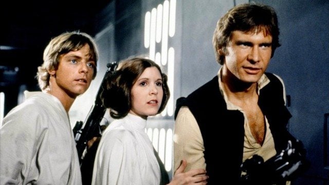 Mark Hamill, Carrie Fisher, and Harrison Ford in Star Wars: Episode IV: A New Hope