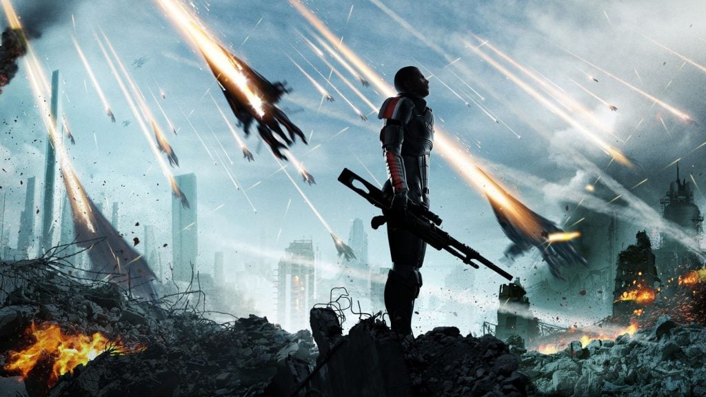 A soldier takes a moment to himself in Mass Effect