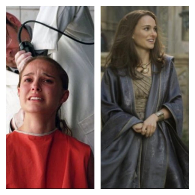 This is a side by side photo of Natalie Portman as Evey and Jane Foster.