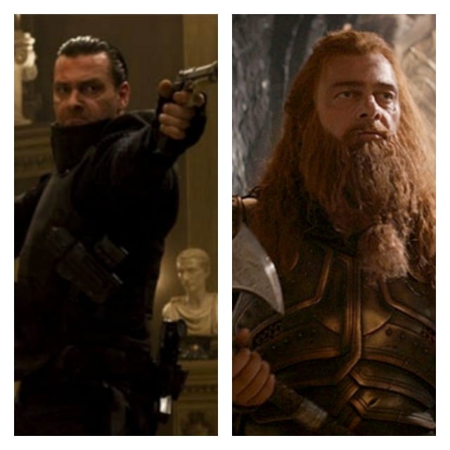 This is a side by side photo of Ray Stevenson in Punisher in a black suit and holding a gun and him as Volstagg.