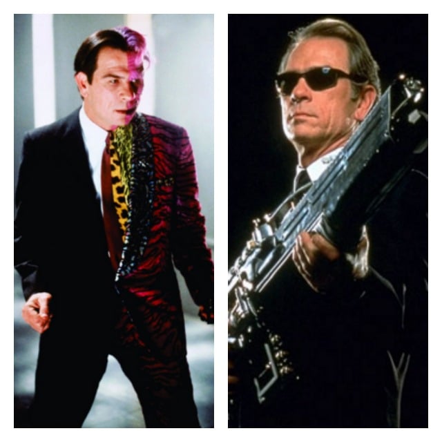 This is a side by side photo of Tommy Lee Jones as Two Face and in a black suit, black glasses, and holding a gun for Men in Black.