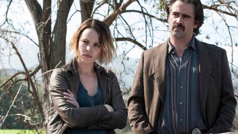 Rachel McAdams and Colin Farrell stand next to each other outdoors in True Detective Season 2