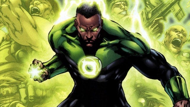 Green Lantern with his fist clenched, looking menacingly into the camera