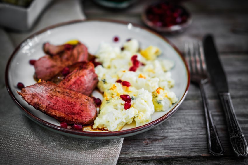 Grilled beef with cauliflower and pomegranate