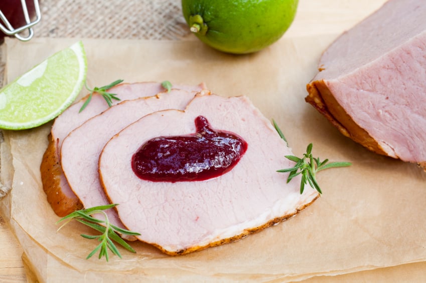 ham, berry sauce, preserves