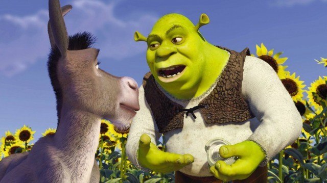 Donkey and Shrek have a conversation in a sunflower field. Donkey and Shrek have a conversation in a sunflower field.