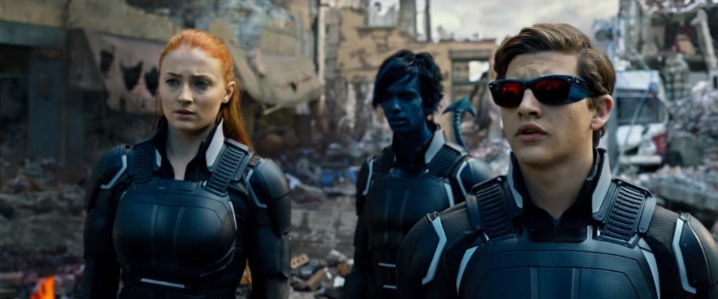 Jean Grey (Sophie Turner), Nightcrawler (Kodi Smit-McPhee), and Cyclops (Tye Sheridan). 