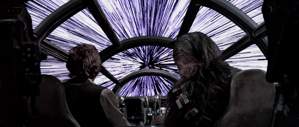 Han Solo and Chewie reaching light speed. Han Solo and Chewie reaching light speed.
