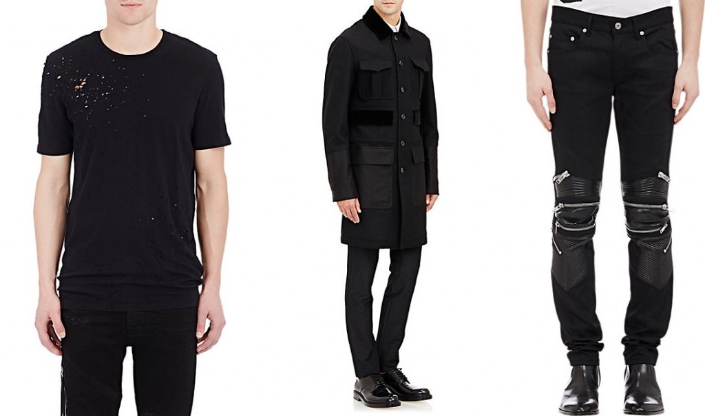AMIRI tee, Alexander McQueen topcoat, Saint Laurent jeans at Barneys