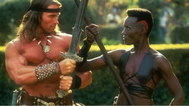 Arnold Schwarzenegger and Grace Jones battle in Conan the Destroyer Arnold Schwarzenegger and Grace Jones battle in Conan the Destroyer
