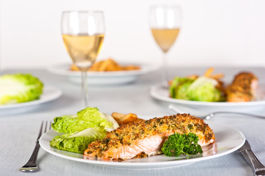 breadcrumb coated salmon with greens