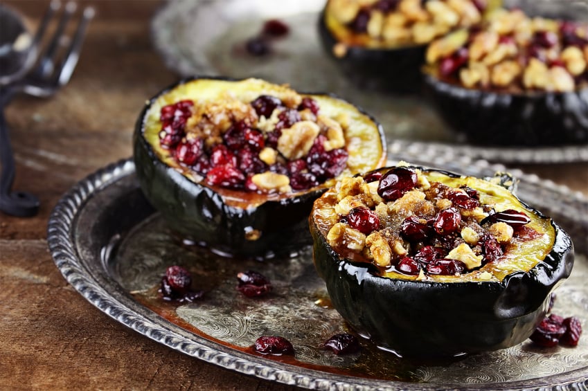 stuffed acorn squahs with walnuts and dried cranberries