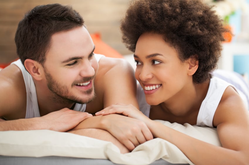 couple smiling and talking