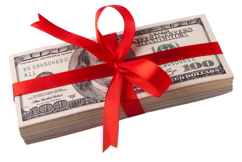 money wrapped in red ribbon
