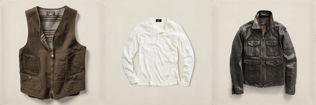 RRL cotton moleskin vest, waffle henley, leather jacket