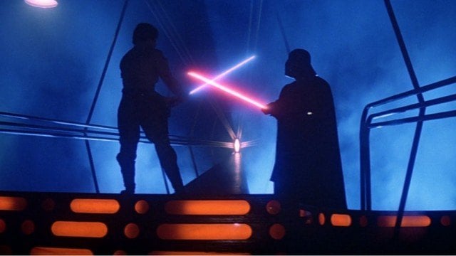 Luke and Darth Vader battle in Star Wars: The Empire Strikes Back Luke and Darth Vader battle in Star Wars: The Empire Strikes Back